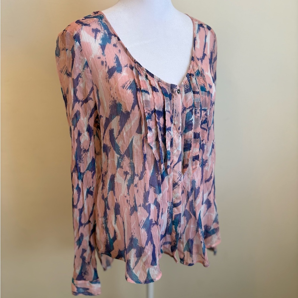 Maeve for Anthropologie Pink Blue Silk Sheer Abstract Blouse Size 10 - Picture 7 of 15